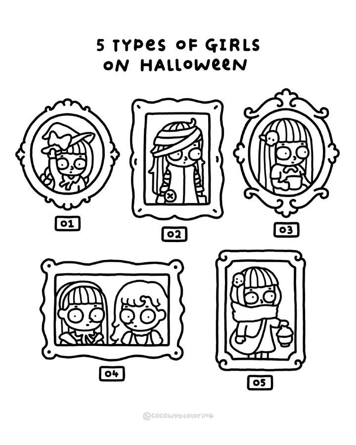 Cinco tipos de chicas en Halloween para colorear, pintar e imprimir
