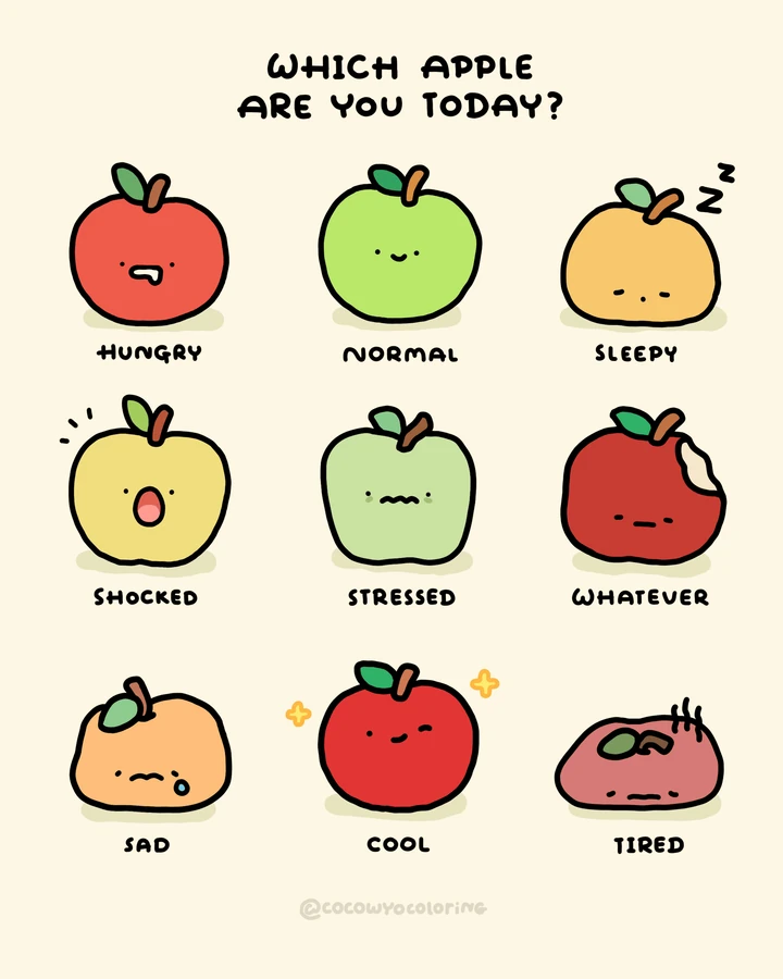 Un divertido obsequio de humor de manzana que te pregunta qué manzana eres hoy
